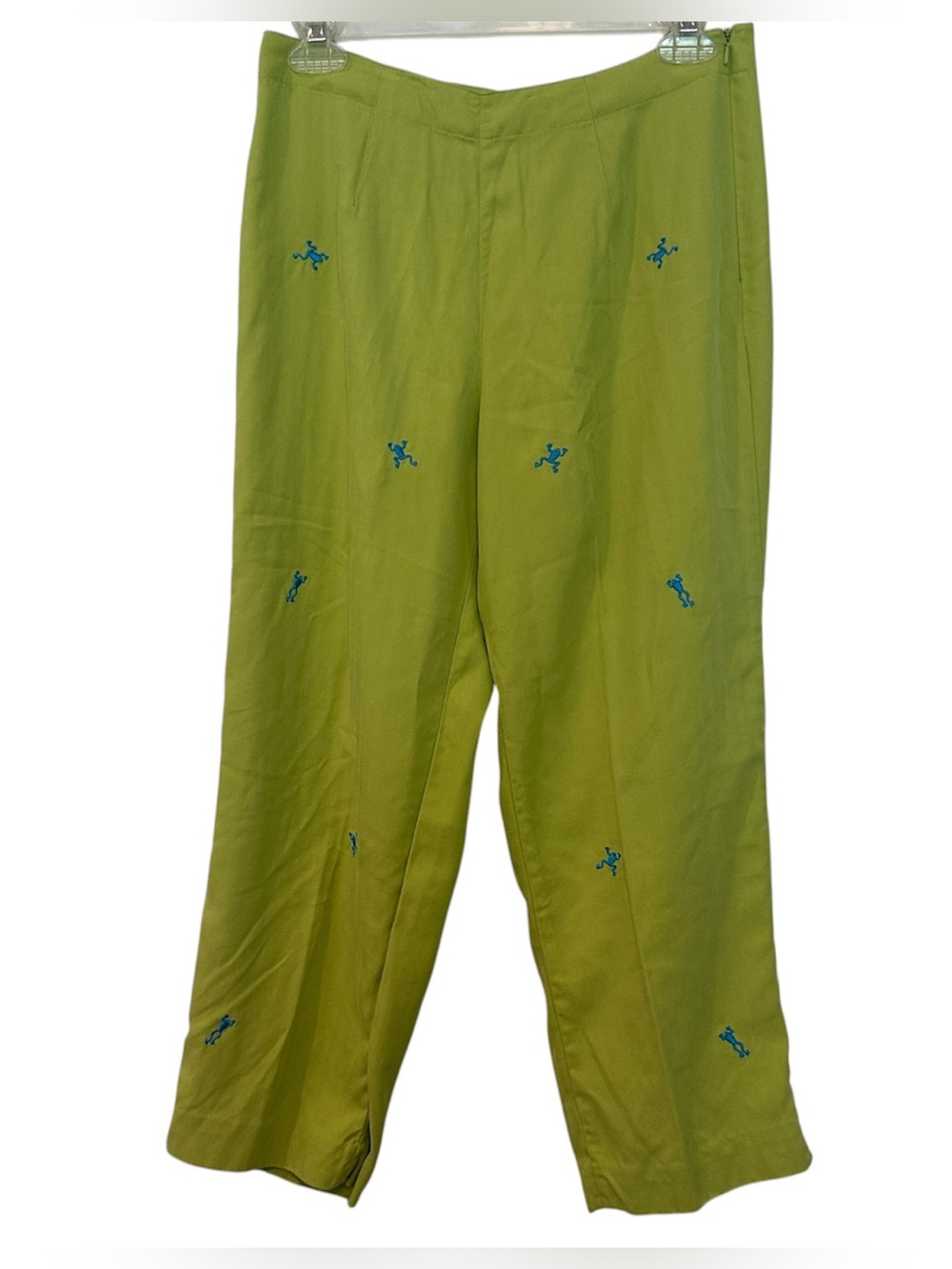 Vintage Rum Runner 100% Silk Lime Green Frog Embroidered Resort Pants Size 4
